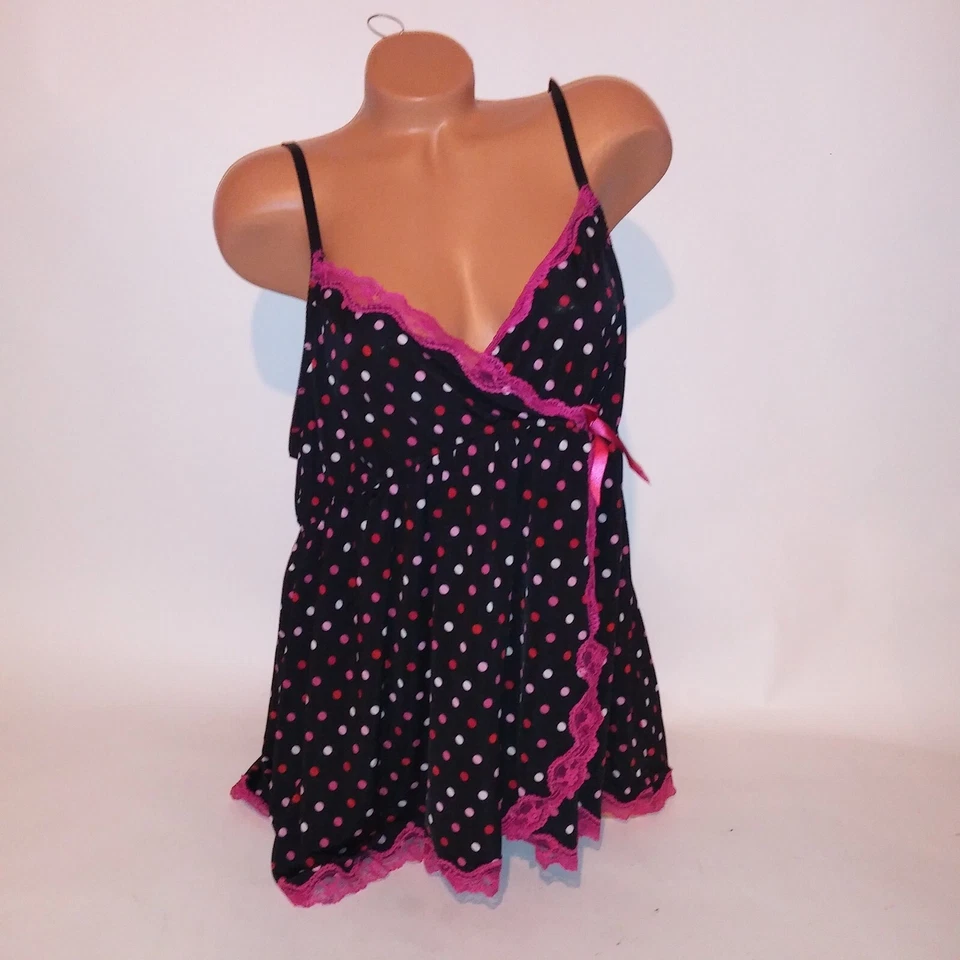 Lencería Cacique Babydoll 22 24 Negro Rosa Lunares Encaje Ribete Flyaway Inalámbrico Foto 2 de 4