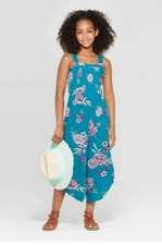 Floral Teal Romper Jumpsuit Smocked Tank Girls Large 10 12 Palazzo New Tag