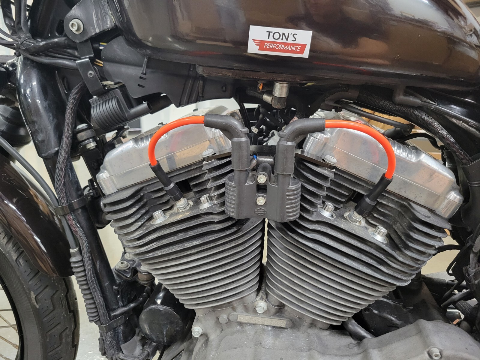 Ton's Harley Sportster Coil Relocation kit with Orange Spark plug wires
