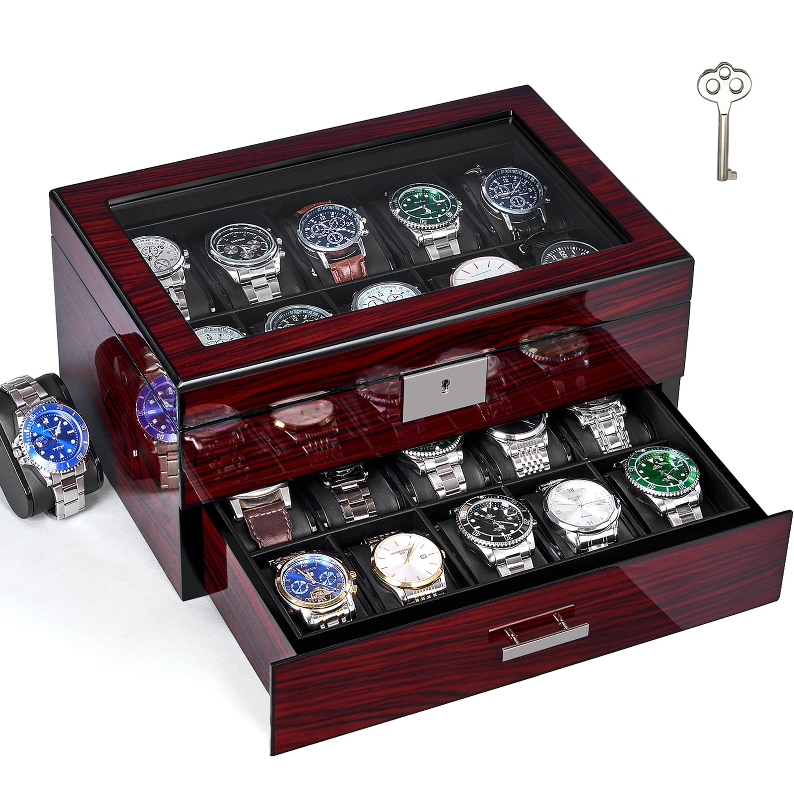 Watch Box 20 Slot Watch Cases for Men with Large Glass Lid 2-Tier Watch Displ...