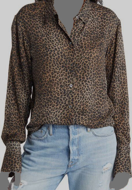 $399 Frame Women's Brown Leo Print Silk Button Down Blouse Size XS