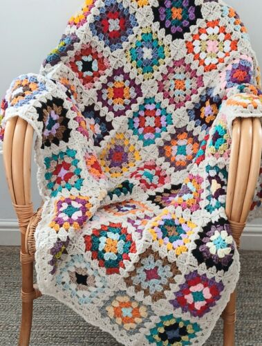  Handmade Bright Crochet Granny Square Blanket Cream Trim Sofa Camper Festival  - Picture 1 of 10