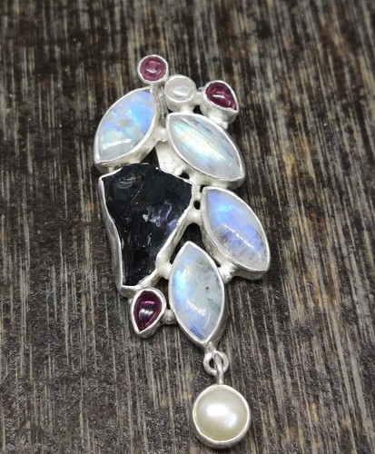 925 Sterling Silver Natural Moonstone,Tourmaline,Garnet Handmade Pendant 2.2" - Picture 3 of 11