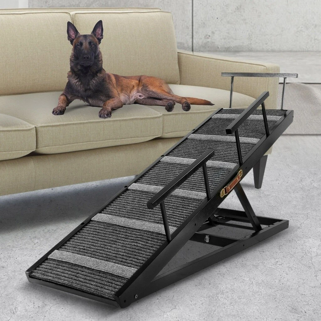 Pet Ramp with Safety Rails 6 Level Adjustable 16 to 28 Non Slip Carpet Surface