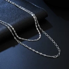 Womens 925 Sterling Silver PaperClip 2 Layers Link Chain Necklace #N257