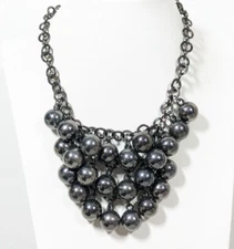 Gray Metallic Cluster Round Bead Charm Statement Necklace 17.5 in