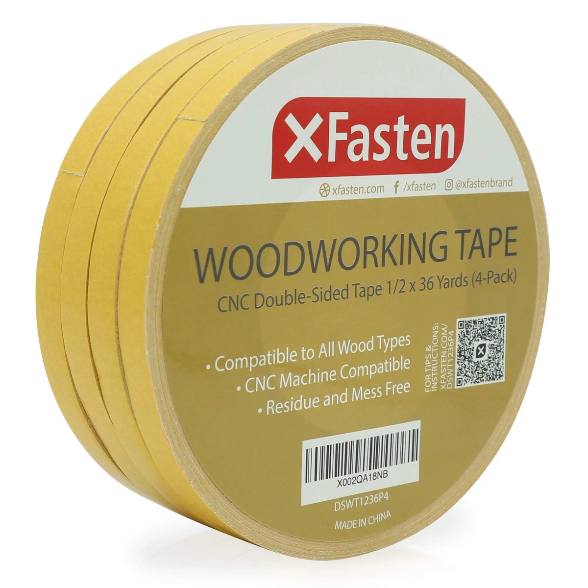 XFasten Double Sided Woodworking Tape 1/2 x 36 Yards (4-Pack)