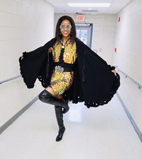 New Fab Designer Black wool and Ruffled mink Fur Cape shawl for coat jacket OS