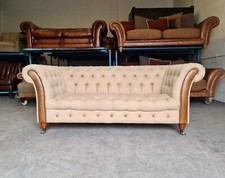 SUPERB TWEED STYLE 3 SEATER FABRIC & LEATHER CHESTERFIELD SOFA FREE DELIV🚚 🇬🇧