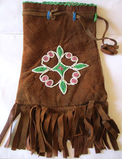 Beaded Seed Bead Suede Medicine Bag Pouch Cinch Cross  Floral Fringe