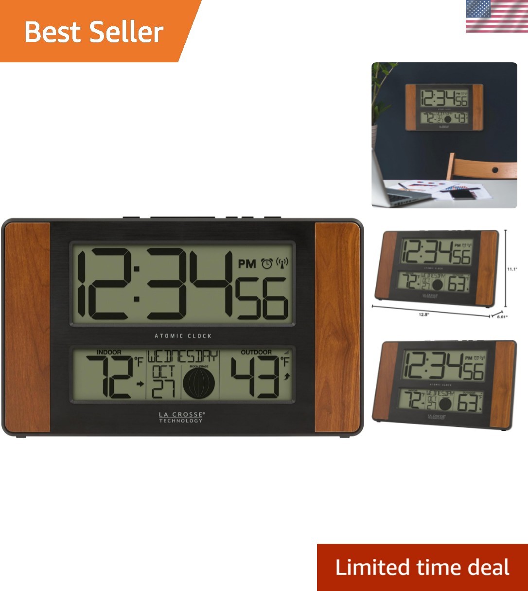 Modern Atomic Digital Clock with Wireless Temperature Sensor - 11.1" x 6.61"