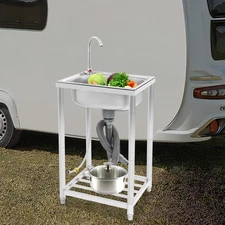 Stainless Steel Kitchen Sink Free Standing Single Bowl Sink Silver 360° Faucet