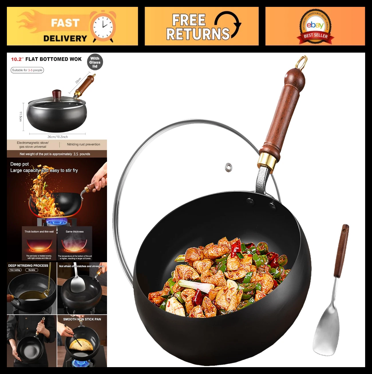 10.2" Carbon Steel Wok with Glass Lid - Nonstick Stir-Fry Pan for All Stoves
