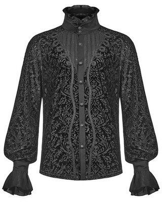 Punk Rave Herren Goth Steampunk Dandy Vampir Shirt Oberteil Schwarz Samt Damast Flock