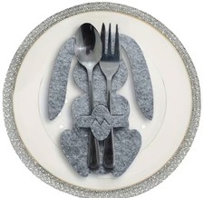 12er Set Osterhasen Bestecktaschen Filz Grau - Osterdeko Tischdeko Besteckhalter