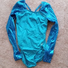 GK Small Blue Long Sleeve Gymnastics Leotard with Rhinestones