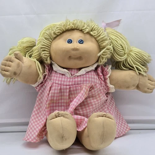 Vintage 1982 Coleco Cabbage Patch Kid Blonde Yarn Hair Blue Eyes Pink Dress