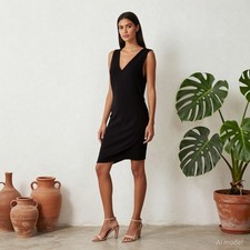 Cocktail Party Women's Midi Dress Black Fine Knit Bodycon V-Neck L
