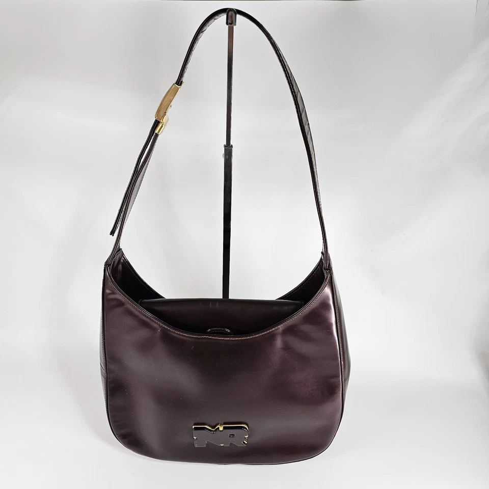 Bolso de Hombro de Cuero Nina Ricci Granate Correa Ajustable Media Luna Hecho en Italia Foto 2 de 4