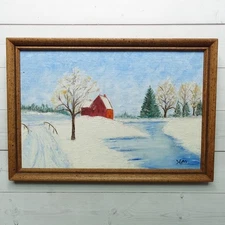 Naive Miniature Folk Art Winter Landscape Oil Painting Red Colonial House Trees