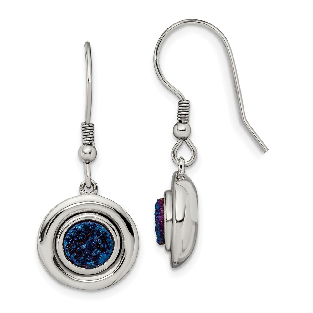 Stainless Steel Polished with Blue Druzy Shepherd Hook Drop & Dangle Earrings