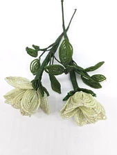 Vtg French Beaded White Flower Rose 2 Stems Seed Bead Leaves Handmade Poseable