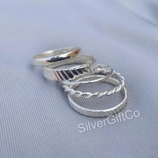 925 Sterling Silver Stacking Rings Set: Beaded, Twisted, Dotted Ring All Size