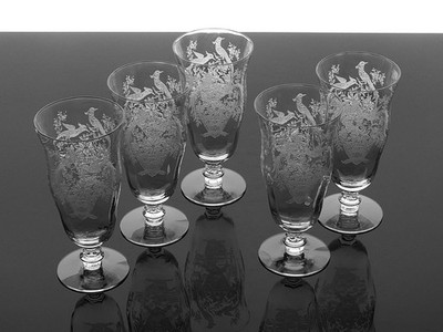 TIFFIN-FRANCISCAN PERSIAN PHEASANT OPTIC CRYSTAL ICED TEA GLASSES   SET OF 5