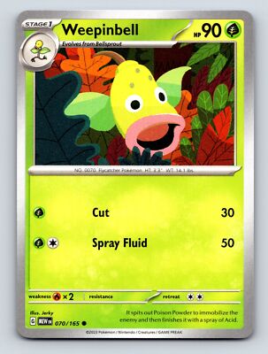 Stage 1 Weepinbell HP 90 Cut Spray Fluid Attack Rarity Green Background