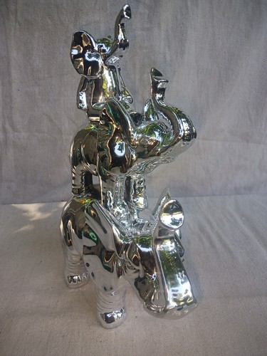 Trunks Up Silver Three Stacked Elephants 14" x 9” Ceramic Home Decor Vented - Picture 2 of 5