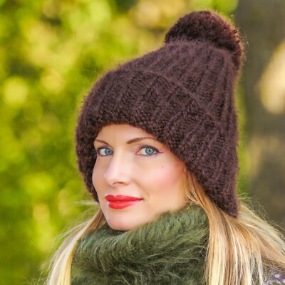 Fuzzy mohair hat pom pom thick ski hat warm hand knit fluffy beanie  SUPERTANYA