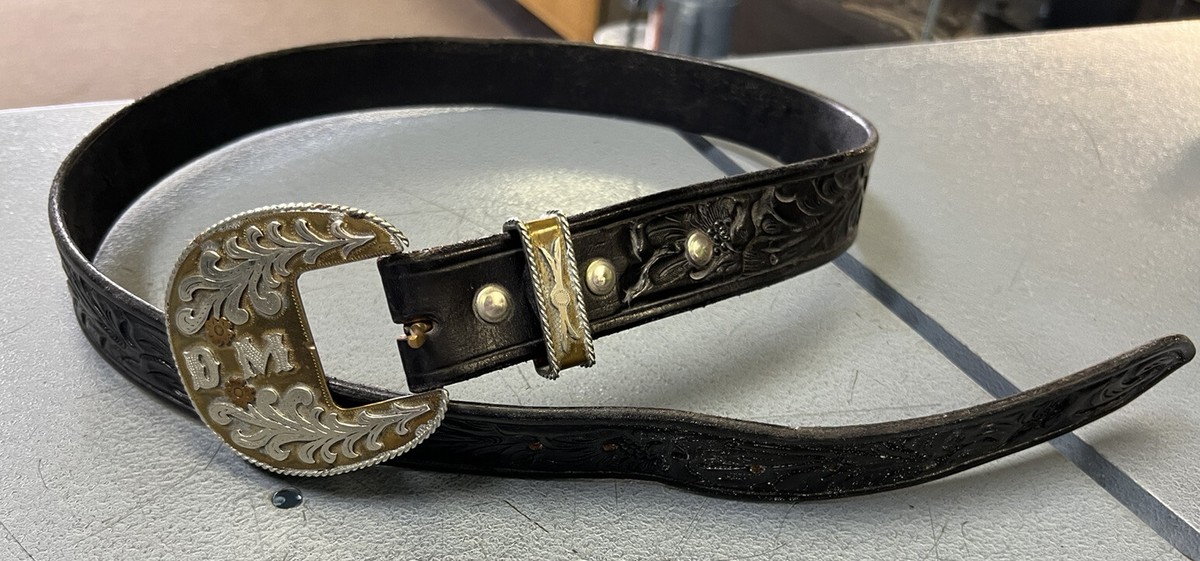 Vintage 1980s Brutalist Style Tooled Metal Belt w/Silver & Bronze Embellishments Vintage 1980 1990 Heavy Metal Leather Belts main image 4