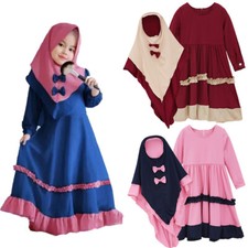 Girls Muslim Hijab Dress Set Abaya Khimar Maxi Kaftan Robe