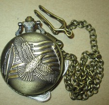 American Flag - Bald Eagle Quartz Pocket Watch with 14" gold tone chain