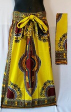 Ankara African Maxi Women Skirt Dashiki Print 2 Pocket  Belt Free Size Yellow