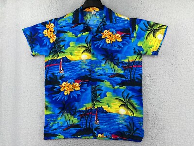 VHO Shirt Mens Large Blue Floral Palm Island Print Sailboat Hawaiian Silky Poly