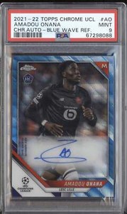 Amadou Onana 2021-22 Topps Chrome UCL Blue Wave Refractor Auto RC 55/75 PSA 9