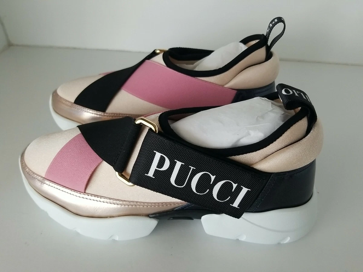 Emilio Pucci City Cross Neoprene Sneaker Pink Black White Spell Out Logo 39 TP01