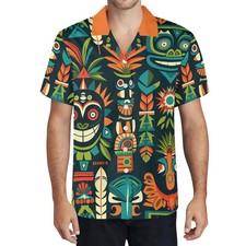 Mens Hawaiian Shirt Tiki Mask Pattern Tropical Beach