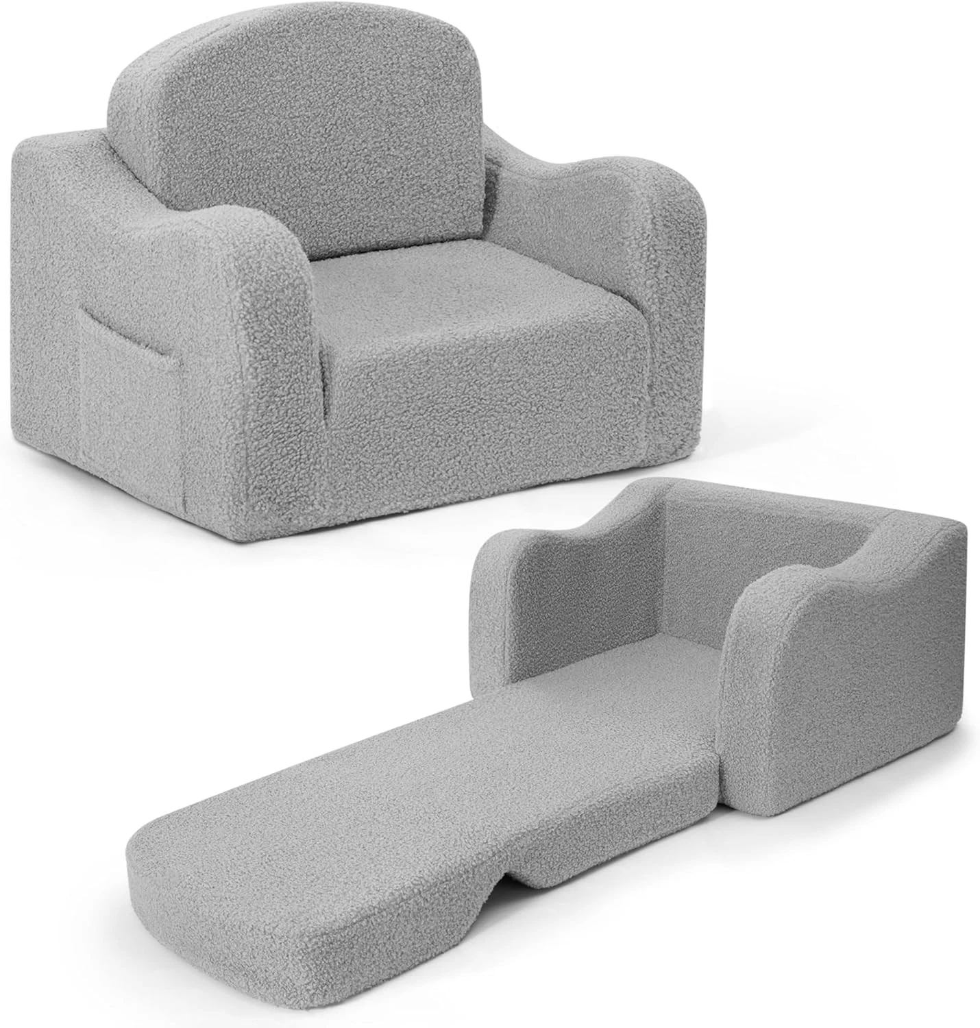 Comfy Toddler 2-in-1 Soft Chair Couch | Fold Out Plush Sofa Lounger | Light Grey