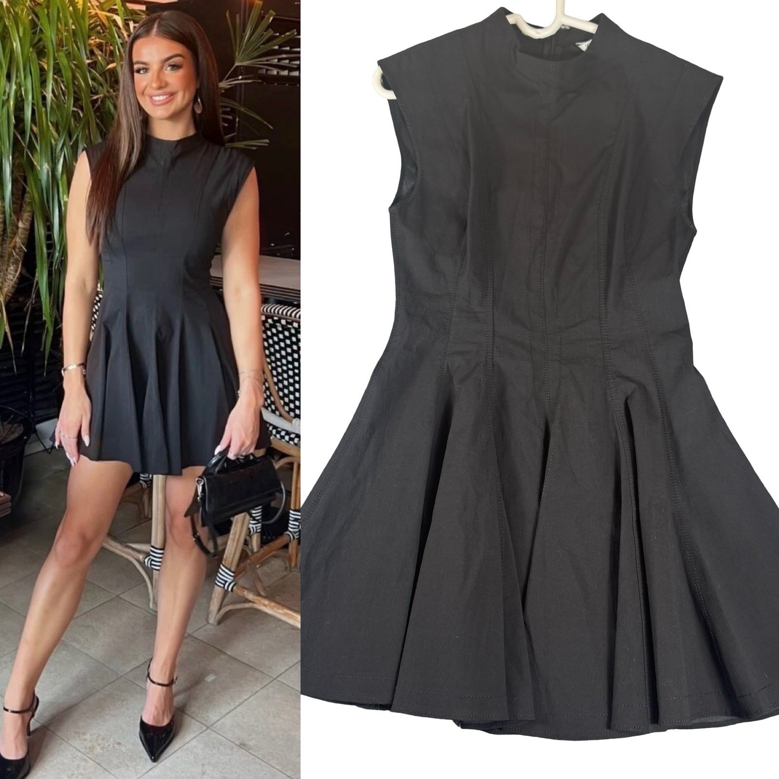 Zara Women’s Black Godet Hem Short Mini Dress Size Medium Pleated Short Sleeve