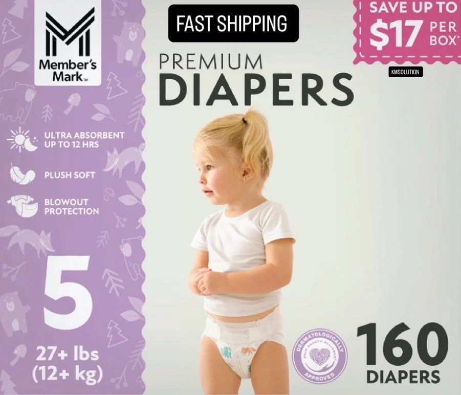 Member’s Mark Premium Baby Diapers Size 5 (27+ lbs) 160Count- NEW