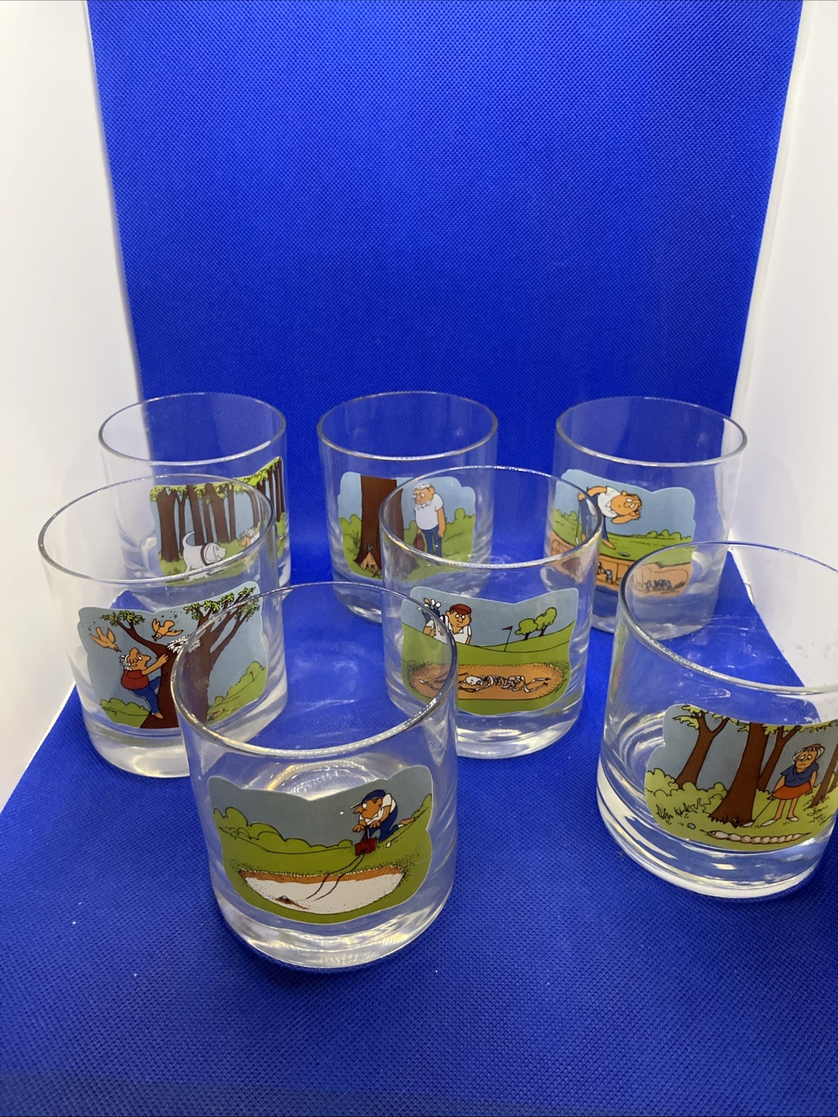 Vintage Low Ball Rocks Whisky Glass Set of 7 Ashby 1970’s Golf Cartoon Pre owned-image