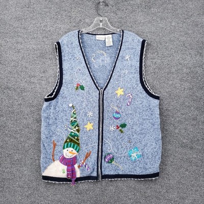 VINTAGE White Stag Vest Womens 18W 20W Blue Christmas Snowman Full Zip V Neck