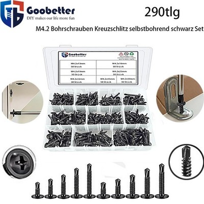 290tlg Bohrschrauben Kreuzschlitz M4.2 Edelstahl selbstbohrend schwarz Set