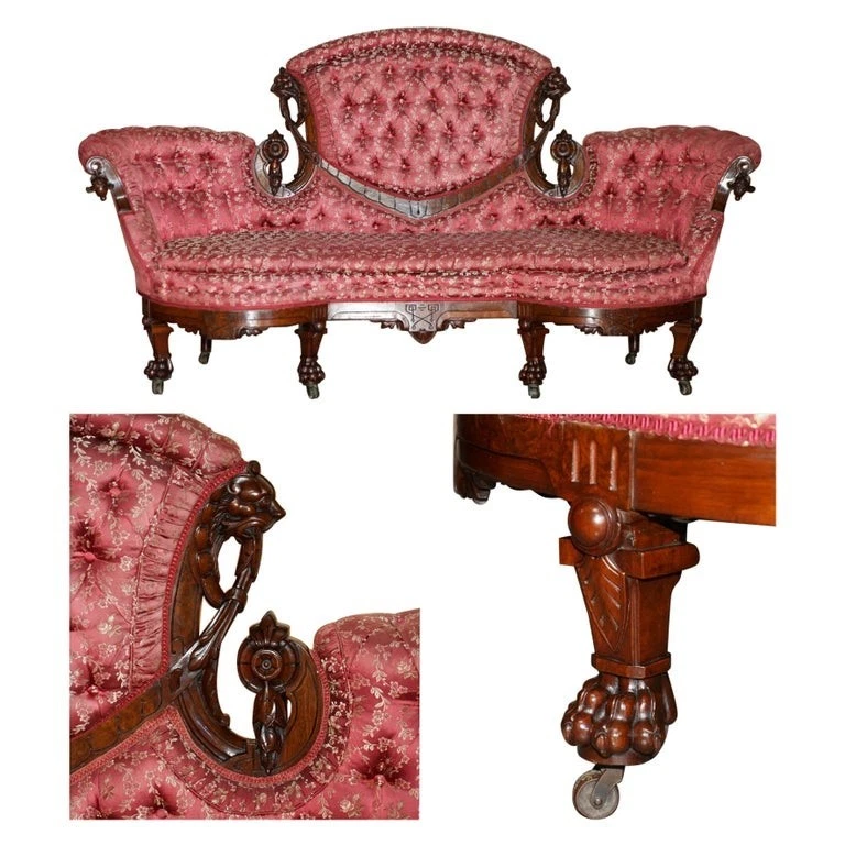 ANTIQUE VICTORIAN FLAMED MAHOGANY LION CARVED SOFA OR SETTEE PART OF A SUITE