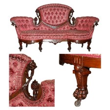 ANTIQUE VICTORIAN FLAMED MAHOGANY LION CARVED SOFA OR SETTEE PART OF A SUITE