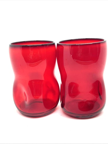 Pair Of MCM Blenko Style Art Glass Ruby Red Indented Dimple Tumblers 4" tall