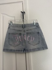 Juicy Couture Denim Mini Skirt Sz 5/27 Pink Rhinestone Bling Logo Y2K Girly Glam