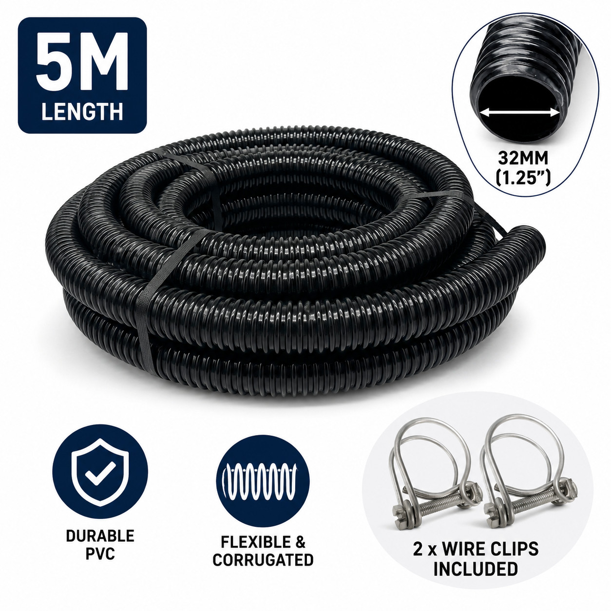 Corrugated Flexible Pond Pipe 5 m 32mm 1.25"" for Pump Filter Fountain with Clips